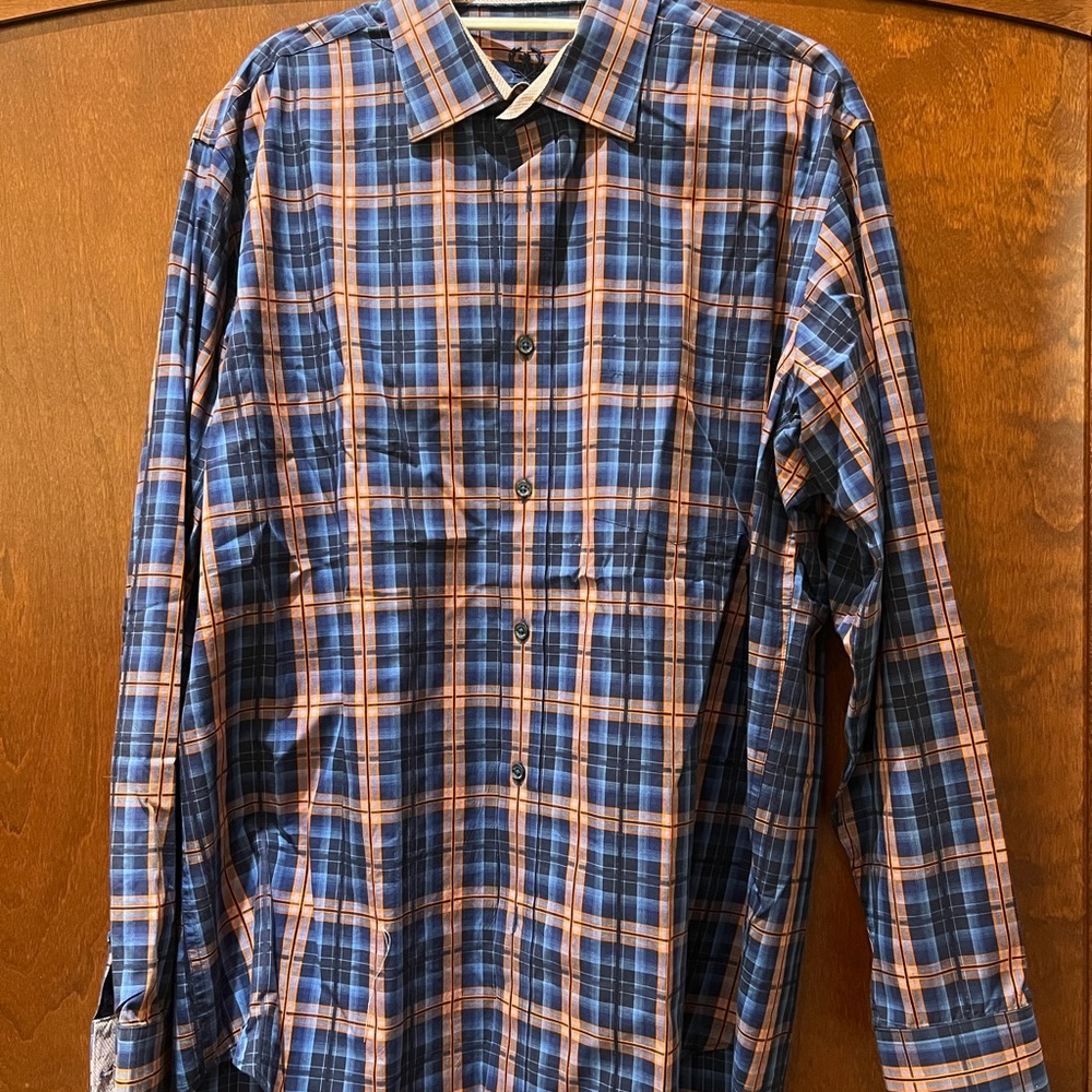 Bugatchi Blue and Orange Checkered Shirt